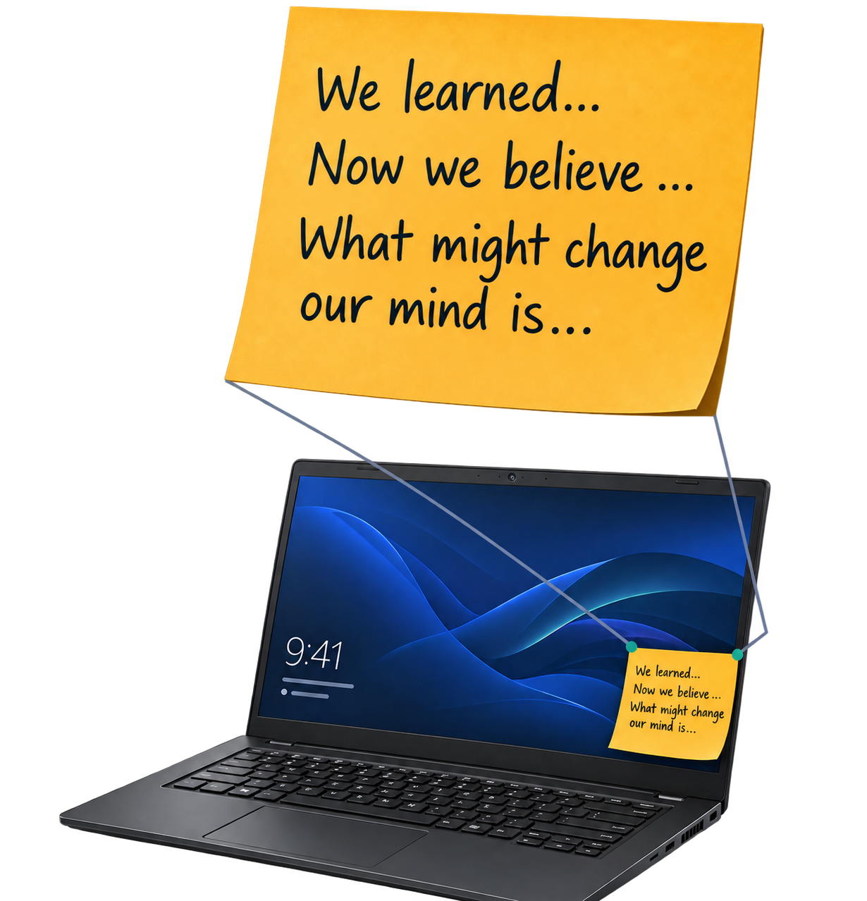 Laptop: We learned… Now we believe… What might change our mind is…